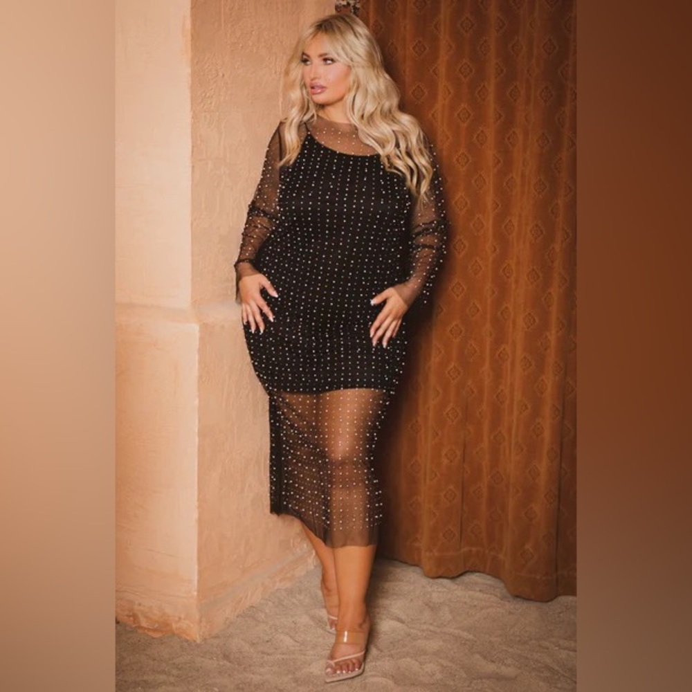 Curvy Sense Plus Size Aceline Pearl & Rhinestone Mesh Dress - Black 3X